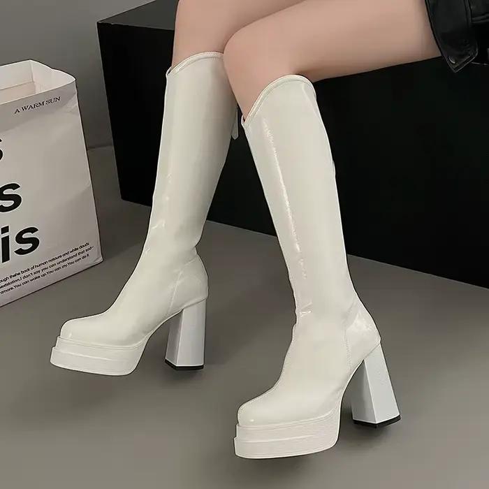 Bottes pour femmes mode confortable noir blanc botte haute en cuir souple talon épais