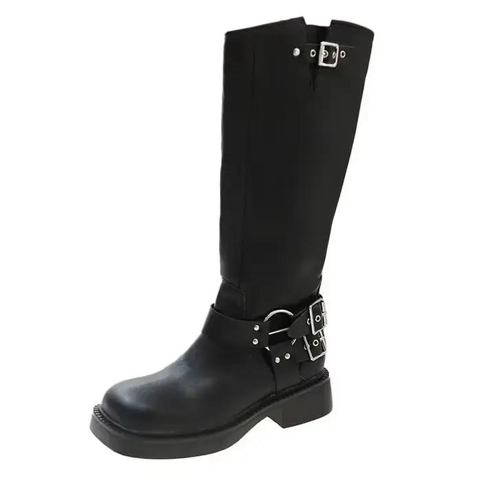 Bottes en Denim Vintage marron bottes à Tube Long Style Maillard femmes été semelle mince bottes de cavalier à Tube haut matériau en caoutchouc