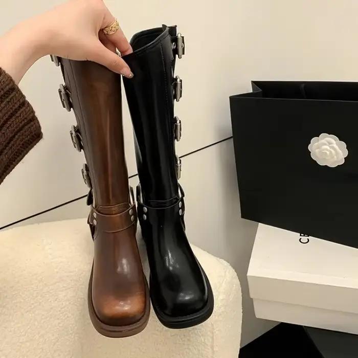 Plate-forme bottes de Combat fermeture éclair talon épais boucle Vintage mode décontracté luxe concepteur Western