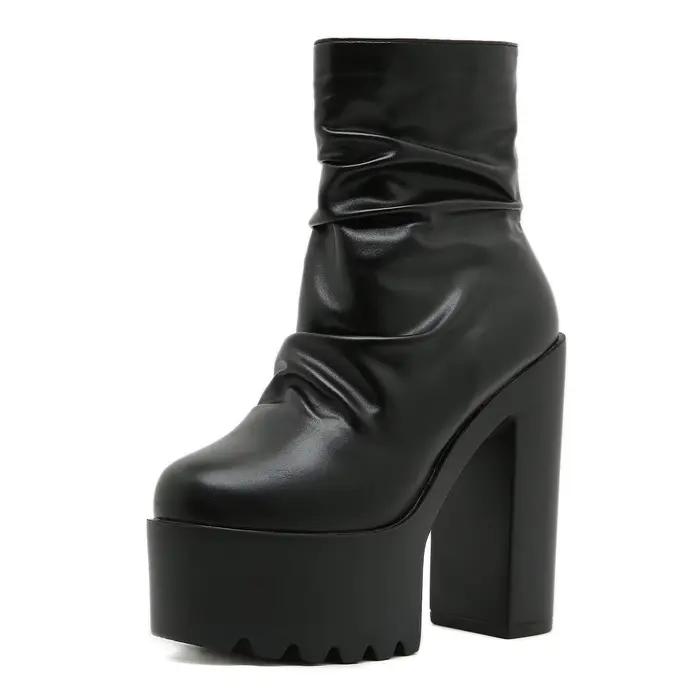 Gdgydh automne plate-forme bottes froncées talons hauts dos fermeture éclair noir