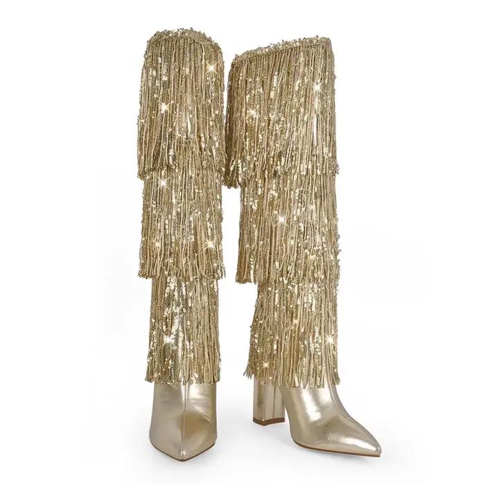bottes au-dessus du genou Onlymaker bout pointu frange dorée pour femmes soirée danse élégantes ocassions spéciales