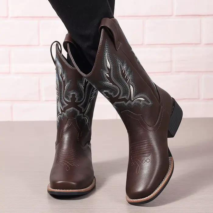 Femmes mi-mollet bottes femme chaussures 4 cm bas talon carré broderie pays botte