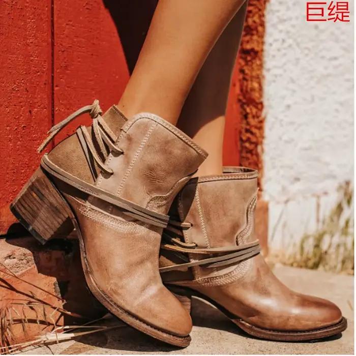 Bottines vintage à talons épais pour femme, bottines à lacets, collection automne hiver 2022, bottes chelsea, cuir de qualité, talon carré, bout pointu, style sexy, confort et élégance pour toutes les occasions