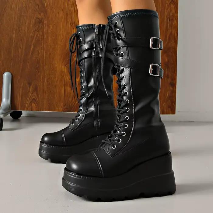 Bottes de moto style punk sombre à talon épais avec boucle de ceinture