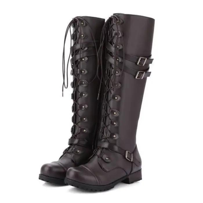 Nouvelle mode femmes genou bottes hautes marque à lacets plate-forme chaussures Sexy avec boucle PU rétro