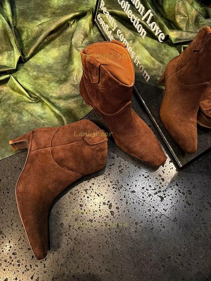 Bottines en daim marron et noir à talon mi-haut, bout carré, collection Runway 2026, chaussures habillées pour femmes, automne-hiver, couleur unie, fabriquées à la main.