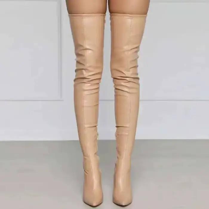 Bottes hautes noires à talons aiguilles pour femmes, en Pu souple, au-dessus du genou avec fermeture éclair latérale