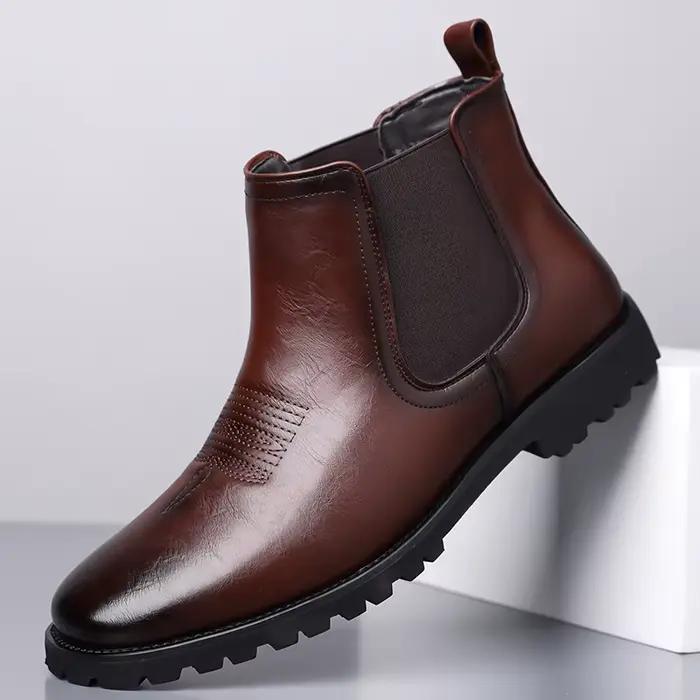 Bottes en cuir pour hommes, style britannique, confortables, décontractées, à semelle épaisse, antidérapantes, courtes - 0802