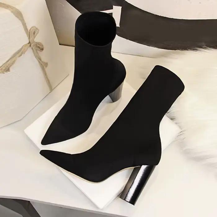 Taille 42 43 femmes bottines carrés talons hauts pompes automne mode confort tissu extensible chaussette botte Femme robe de soirée chaussures
