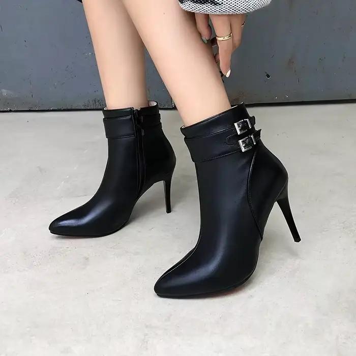 Botas De Mujer femmes bottes Sexy bout pointu ceinture boucle fermeture éclair noir talons hauts robe fête mariage chaussures mariée botte courte 3995