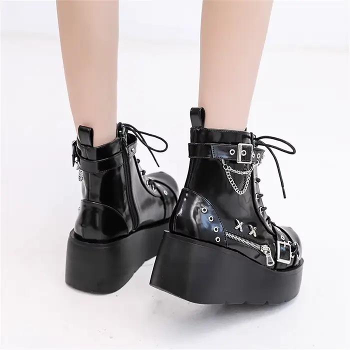 Nouvelles Bottes Gothiques à Plateforme pour Femmes, Style Punk avec Boucles, Fermetures Éclair et Rivets, Talons Compensés Hauts, Chaussures de Soirée et de Rue pour Femme