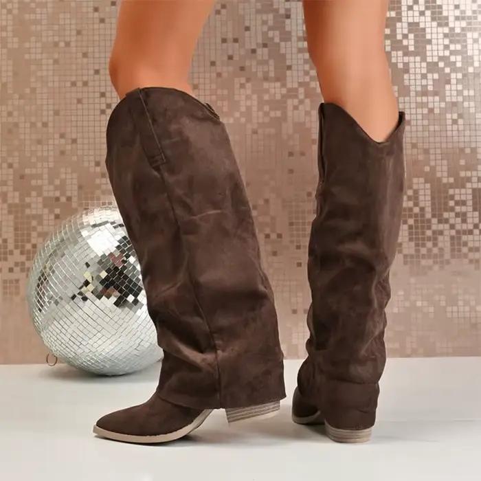 Talon épais daim genou bottes hautes femmes élégant plissé bout pointu marron
