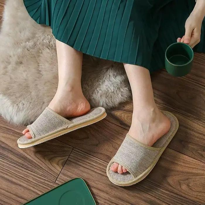 Chaussons d'intérieur en lin à bout ouvert pour femmes et hommes, respirants, légers et confortables, chaussures décontractées à enfiler