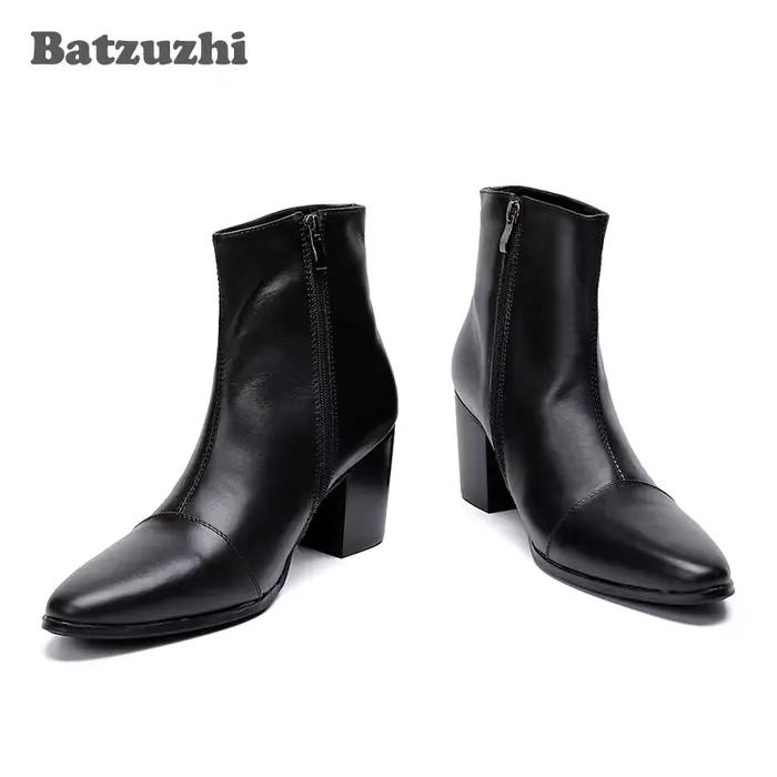 Batzuzhi-Bottes à talons hauts en cuir véritable pour hommes, Bottes de chevalier noires, Bottes de fête et de mariage, Beau, Rincé, Zones, 7cm