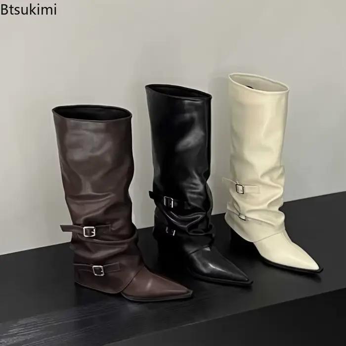 Printemps et automne femmes Style rétro mi-mollet bottes mode ceinture boucle chaussures bout pointu compensées talon chevalier bottes longues femme