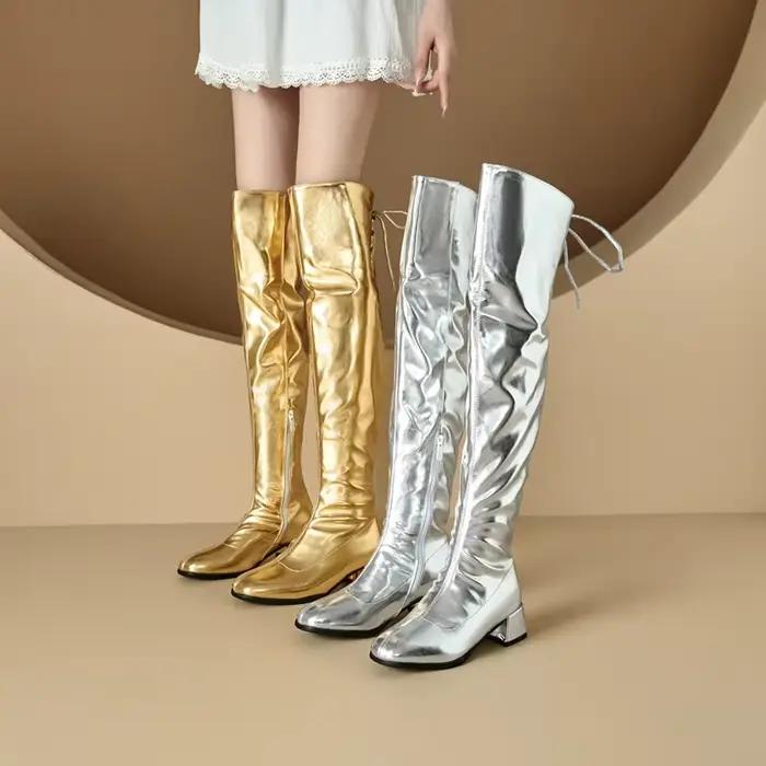 Chaussures or argent bottes au dessus du genou pour femmes bloc talon moyen fermeture éclair latérale confortable robe de soirée décontractée cuissardes longues bottes