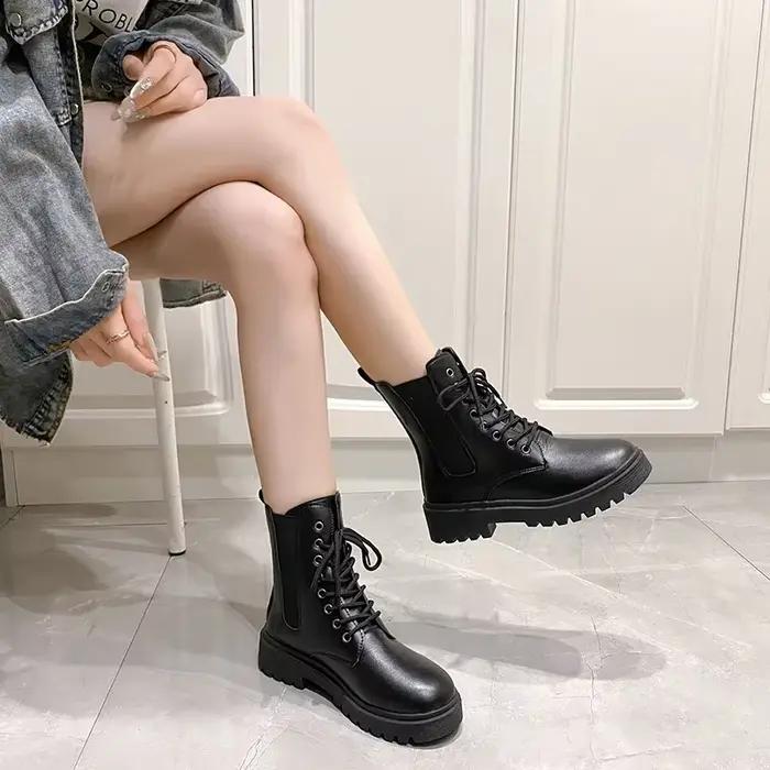 Bottes de moto à bout rond et talon carré, mi-haut, confortables et élégantes, brillantes ou mates pour femmes, nouvelle collection hiver, pointure 35 à 42, couleur beige ou noir, pour randonnées et occasions spéciales