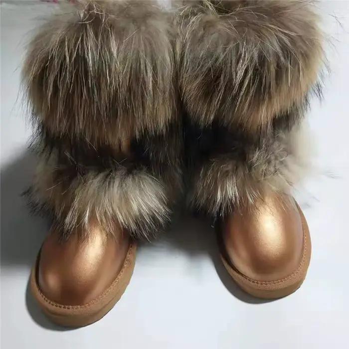 Nouveauté 2025 antidérapant fourrure de renard femme hiver bottes de neige chaussures pour femmes en cuir véritable