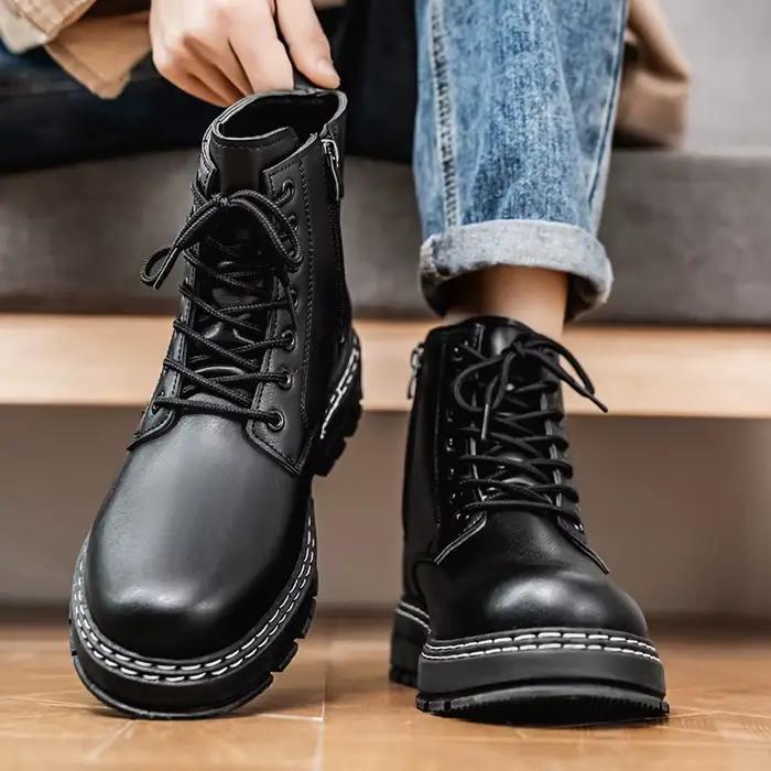 Bottes de travail noires à tige haute de style britannique, bottes à plateforme rehaussantes pour l'extérieur et les trajets quotidiens