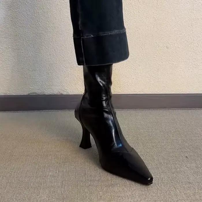 Bottes skinny à talon chaton épissé, bout pointu, fermeture éclair, cuir souple, semelle souple, talons chaton