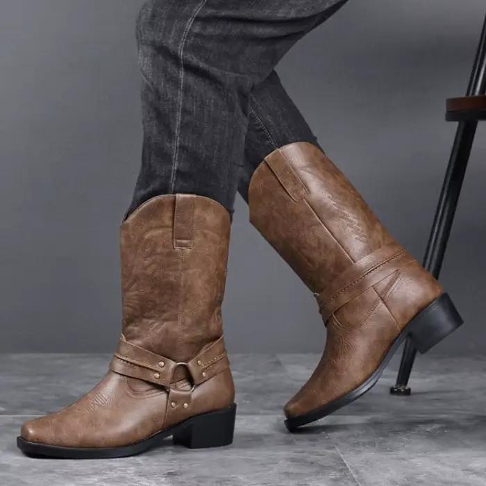 Bottes pour hommes, bottes de cowboy western rétro brodées, bottes de moto tendance pour hommes, bottes en cuir mi-mollet, Botas Masculino