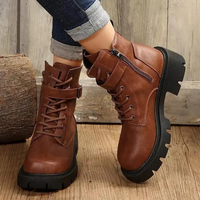 Rétro fond épais marron bottines femmes 2025 hiver boucle en métal décoration bottes de Combat grande taille femme chaussures avec plate-forme