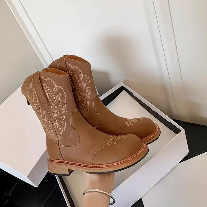 Bottes de cow-girl occidentales brodées pour femmes, bottes mi-mollet à enfiler tendance, style rétro, talons bas, chaussures d'automne et d'hiver
