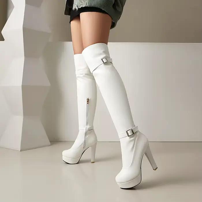 Boucle de ceinture en métal à Double rangée, fermeture éclair latérale, bout rond, plateforme, talon Ultra-haut et épais, bottes hautes au-dessus du genou, nouvelles bottes longues