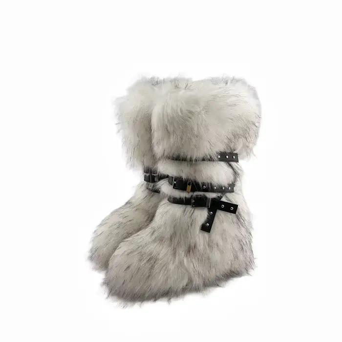 Faux fourrure genou-haute botte bout rond hauteur augmentant sauvage hiver plus chaud boucle de ceinture sans lacet