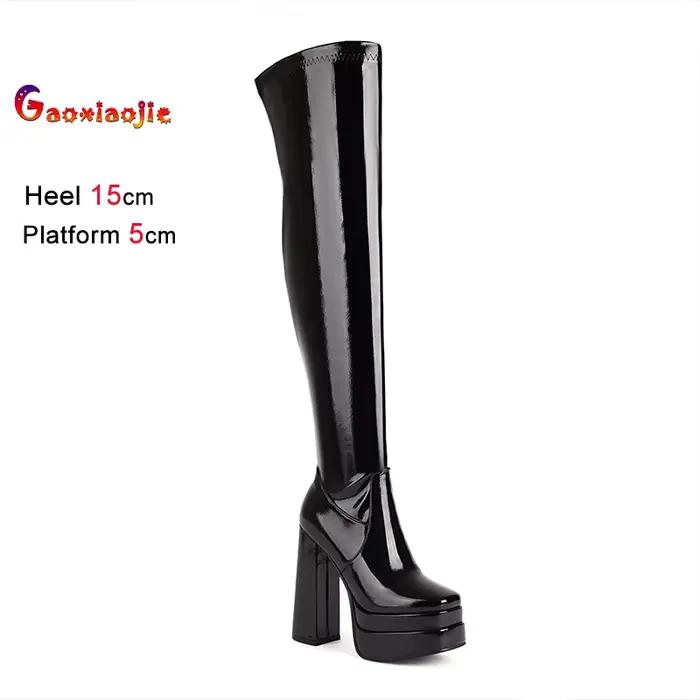 Bottes au dessus du genou en cuir verni élastique pour femmes, chaussures de spectacle en T Sexy, plateforme épaisse, Botas, cuissardes gothiques de 15CM