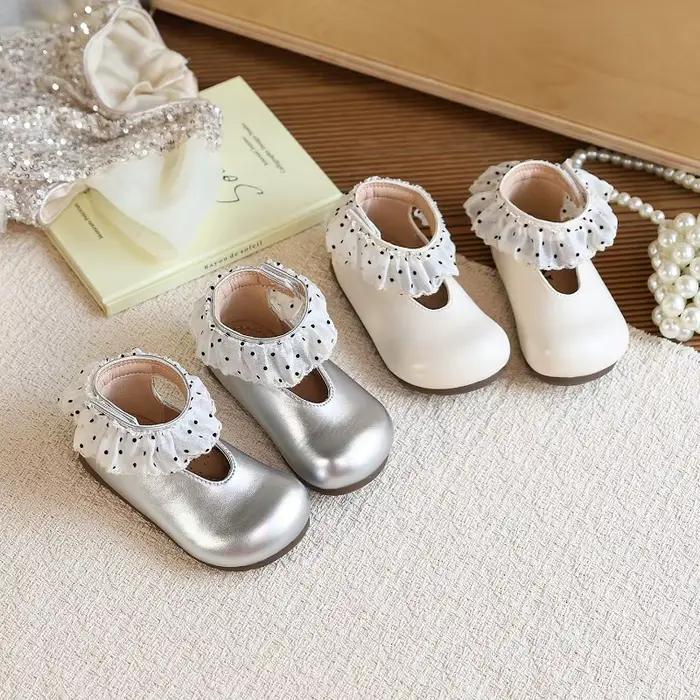 Chaussures à volants à pois pour petites filles, chaussures en cuir pour enfants pour fêtes, mariages, chaussures de princesse élégantes pour enfants, chaussures de performance, adorables