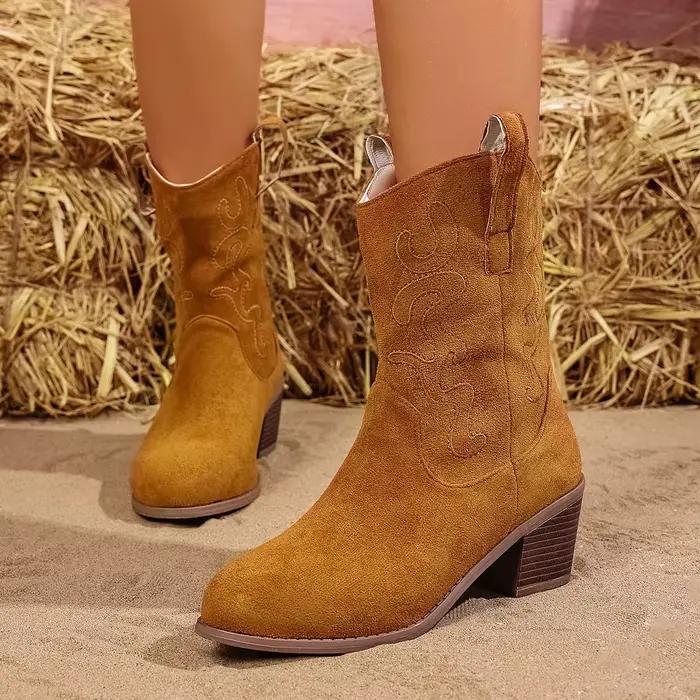Rose Rose suédette broderie botte occidentale femme bout pointu talon épais chaussons courts Cowgirl dame automne Slip-on mi-mollet Botas