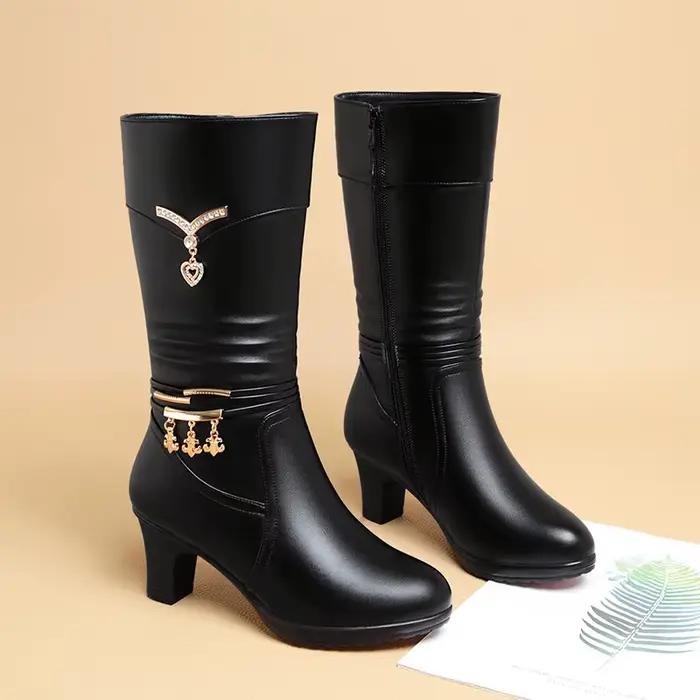 Femmes confortable polaire bottes moyennes automne hiver nouveau Style talon épais côté fermeture éclair pointu mode talons hauts bottes