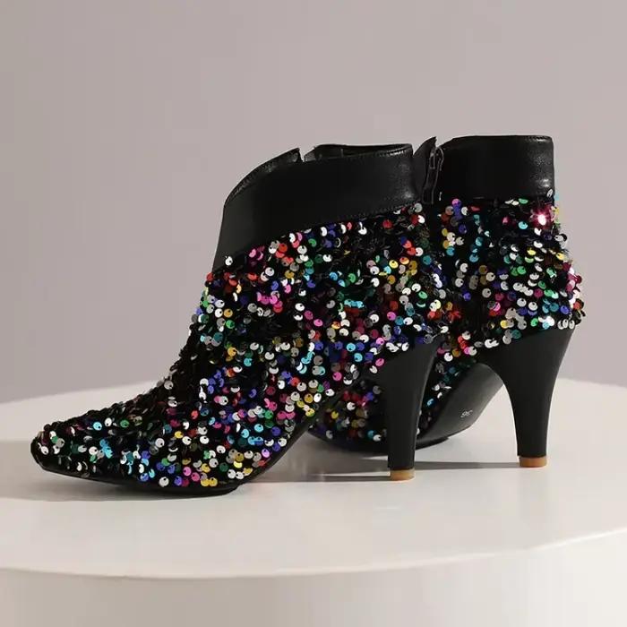 Bottes courtes à talons hauts et paillettes argentées pour femmes, style sexy, bottes modernes, talons fins, semelle en caoutchouc, ajustement parfait, ocassions spéciales et sorties nocturnes