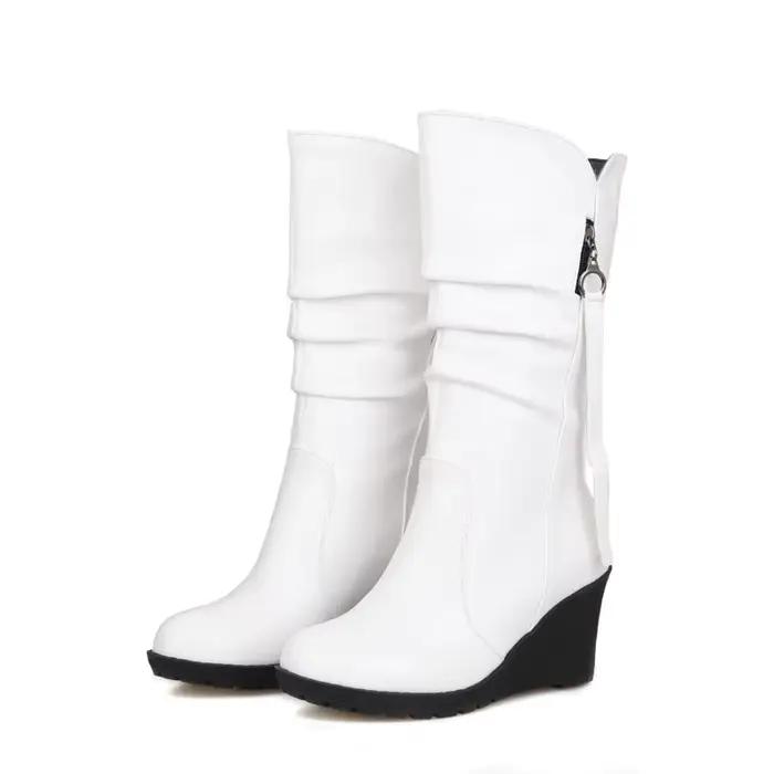 Bottes de neige à talons compensés décontractées pour femmes, chaussures confortables en fourrure et peluche, mi-mollet, mode, noir, marron, blanc, hiver, grande taille 34, 48