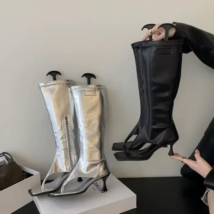 Eilyken noir bout ouvert Clip-On genou bottes femmes chaussons modernes minces talons bas côté fermeture éclair printemps fête pompes sandales chaussure
