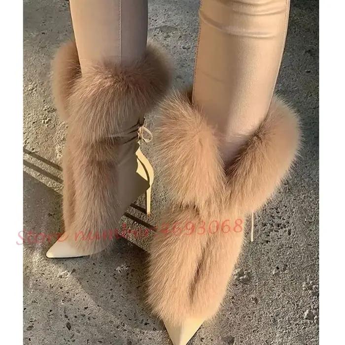 Bottines pointues en peluche pour femmes, chaussures courtes à lacets en fourrure blanche, talon aiguille haut, chaussures de luxe à enfiler, à la mode, nouvelle collection