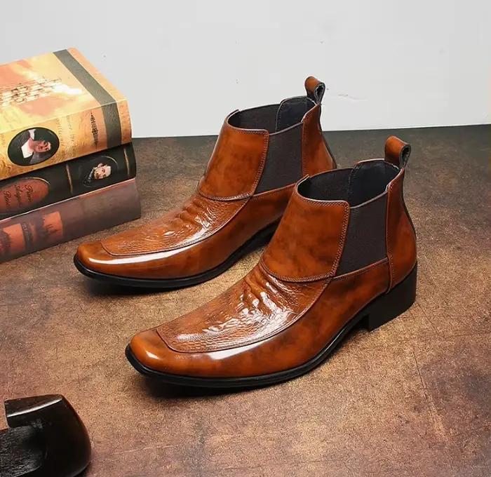 Bottes montantes pour hommes, fermeture éclair, vêtements de travail Oxford, grande taille, à la mode, Style britannique, motif pierre en relief, bottes à tête carrée, nouvelle collection