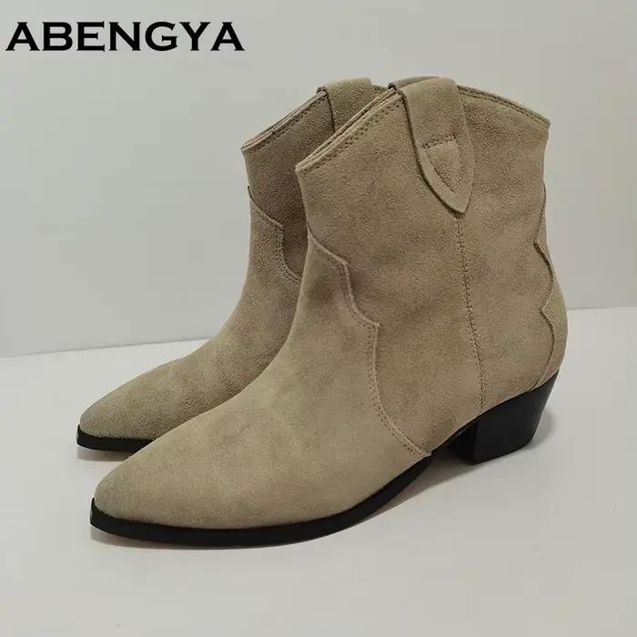 Bottes Chelsea en daim de vache pour femme, bout pointu, talon carré, sans lacets, confortables, pour les occasions spéciales et les journées printanières et automnales
