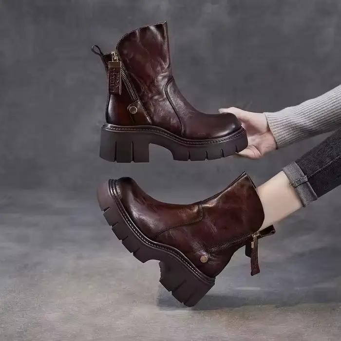 Bottines à talons hauts épais pour femmes, Style britannique, faites à la main, Design de luxe rétro, bottes à plateforme en cuir véritable de vache avec fermeture éclair