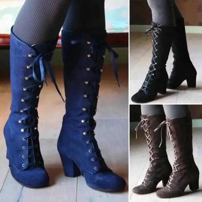 Bottes noires vintage rétro pour femmes haute qualité à lacets talons moyens pour hiver et occasions spéciales
