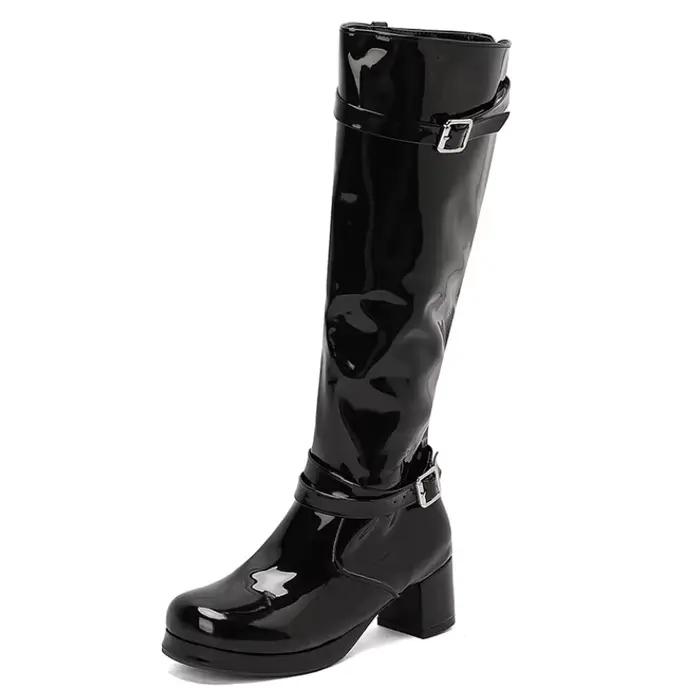 Bottes hautes pour femmes 2025 – Chaussures d'hiver en cuir verni noir et blanc à talons carrés bas
