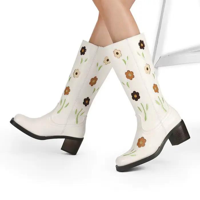 2025 automne hiver femmes mi-mollet bottes en cuir PU bout rond talon carré sans lacet mode fleurs dames mollet bottes noir blanc