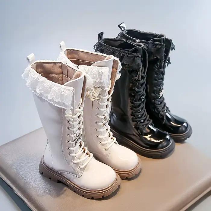 Filles bottes hautes bout rond coiffé fond souple enfants bottes en cuir polyvalent 2025 automne hiver enfants mocassins antidérapant doux
