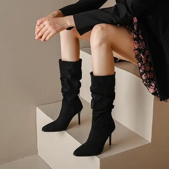 Bottes plissées à la mode pour femmes, Sexy, à bout pointu, mi-mollet, automne-hiver, chevalier droit, Super grande taille 48 22-5