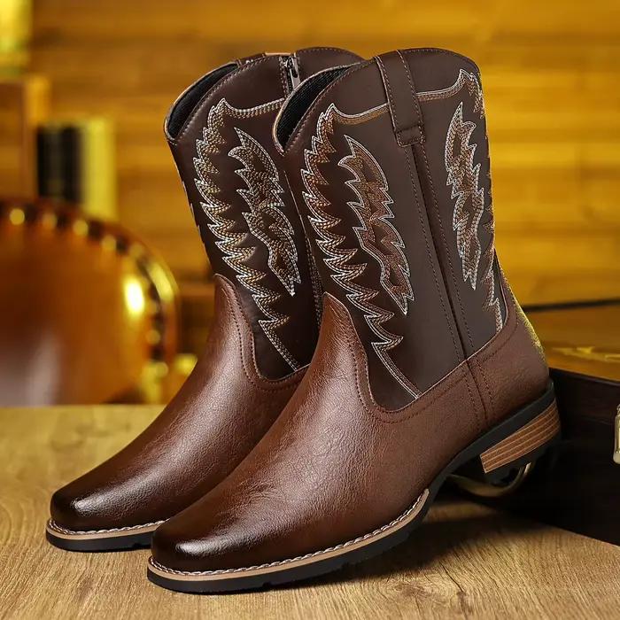Bottes de cowboy brodées style western pour hommes, noires, mi-mollet, rétro, pour le travail en extérieur, décontractées, respirantes, antidérapantes