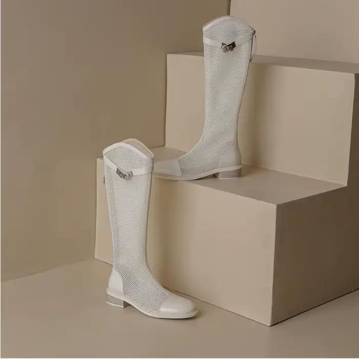 Femme été genou-haut maille bottes hautes femmes respirant maille chevalier bottes talon épais haut moto bottes Botas Mujer