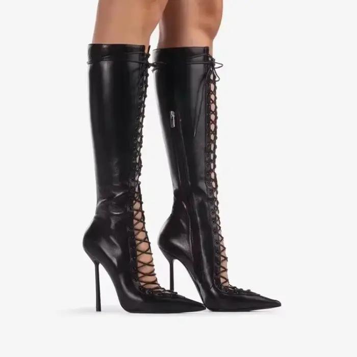 Nouvelles Bottes Courtes à Lacets Printemps Automne Talon Haut Bout Pointu Taille Parfaite Pour Femme Occasions Spéciales