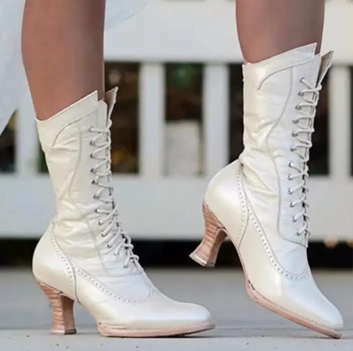 Bottes rétro en cuir PU pour femmes, Style Punk et gothique, Noble, Style britannique, bottines à mi-mollet, chaussures à talons hauts, Cosplay