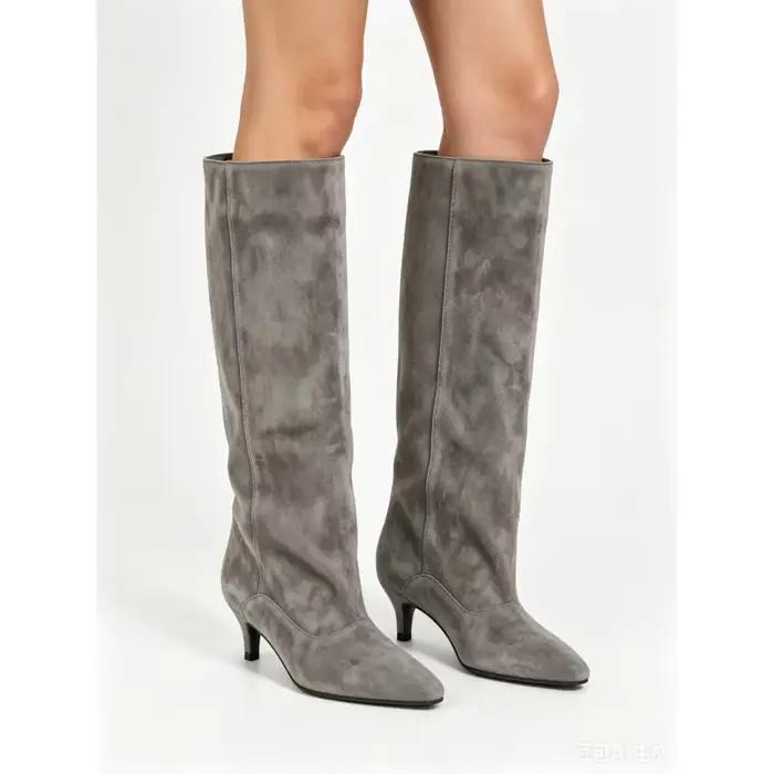 Bottes hautes en daim véritable pour femme élégantes à enfiler pour mollets larges et talons fins automne printemps occassions spéciales à offrir